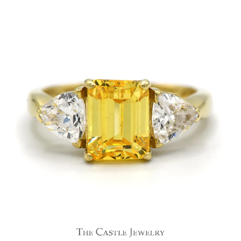 Classic Silver Wedding Ring-Emerald Cut Lemon Ice Ring with Trillion Cut Cubic Zirconia Accents in 14k Yellow Gold