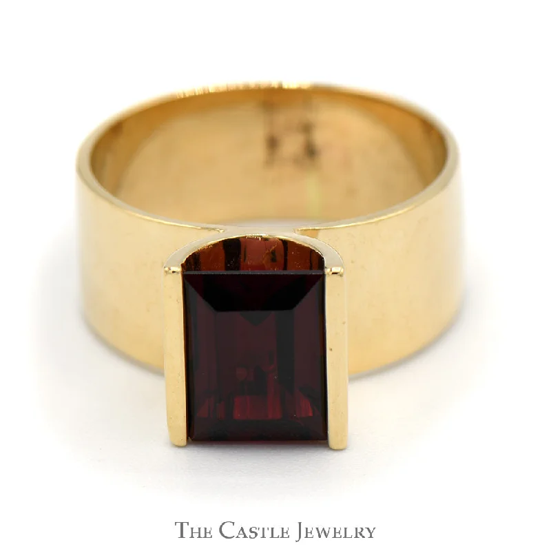 Elegant Gold Engagement Ring-Emerald Cut Garnet Ring in 14k Yellow Gold 8mm Wide Polished Band