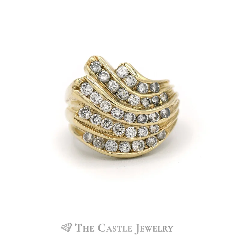 Classic Wedding Band Set-Swirled 1.5cttw Round Diamond Cluster in 14k Yellow Gold