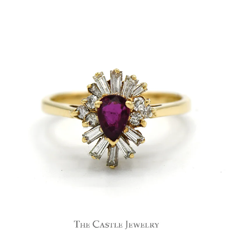 Vintage Engagement Ring with Diamonds-Pear Cut Ruby Ring with Baguette and Round Diamond Halo in 14k Yellow Gold