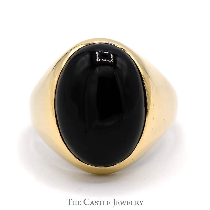 Diamond Wedding Band for Bride-Oval Cabochon Black Onyx Dome Ring in 14k Yellow Gold