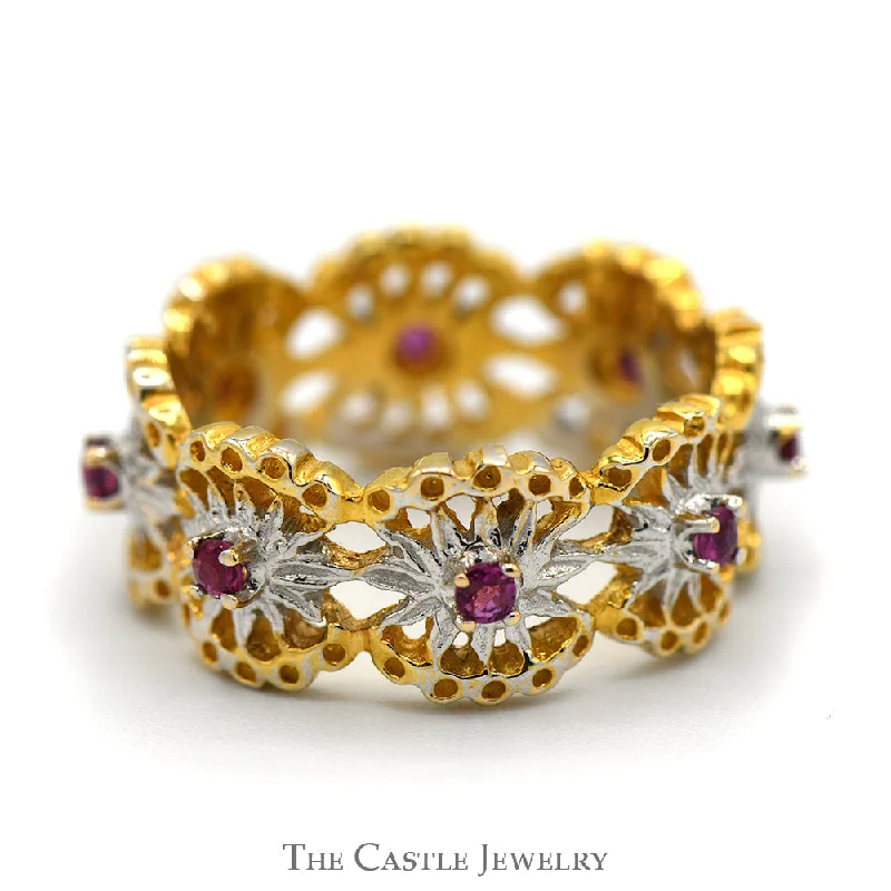 Elegant Diamond Ring-Open Floral Designed Ruby Eternity Band in Two Tone 14k White & Yellow Gold