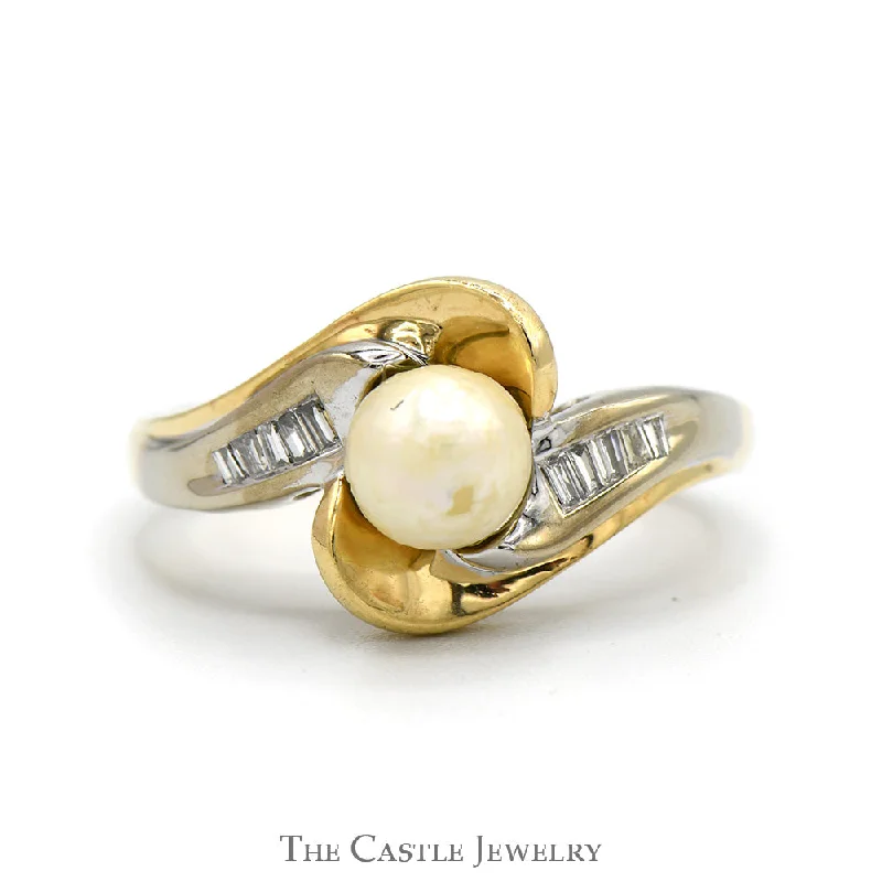 Simple Silver Engagement Ring-Pearl Ring with Baguette Cut Diamond Accents in 10k Yellow Gold Swirled Bypass Setting