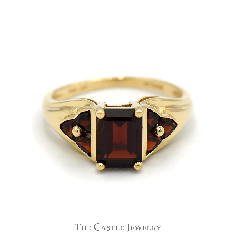 Silver Ring with Diamonds-Emerald Cut Garnet Ring with Triangle Shaped Garnet Cluster Accented Sides in 14k Yellow Gold