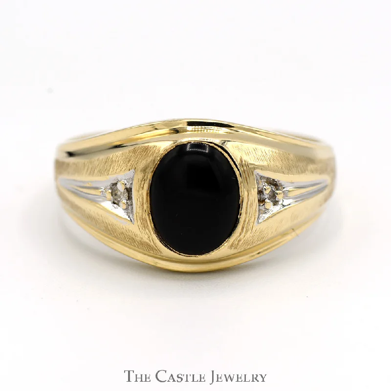 Stunning Gemstone Wedding Band-Oval Cut Black Onyx Ring with Diamond Accents in 10k Yellow Gold