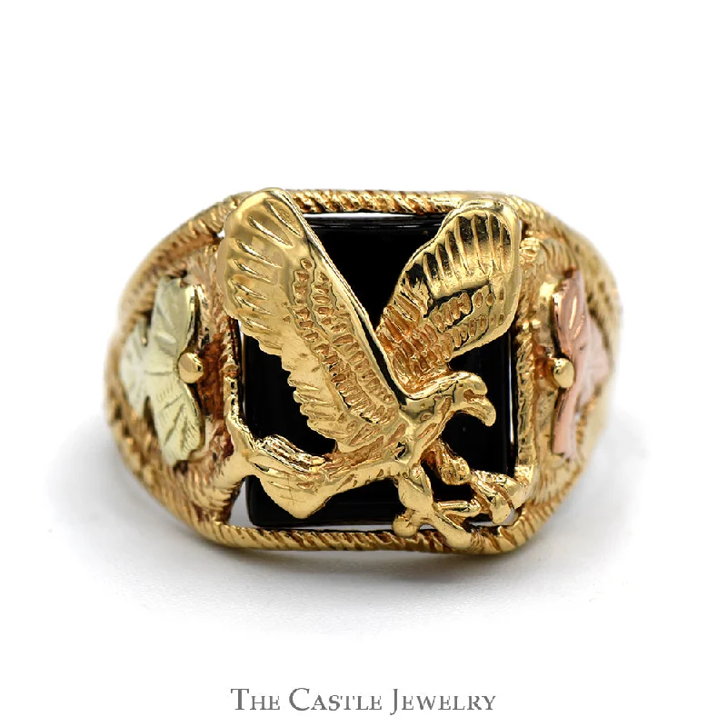 Classic Gold Ring-Black Onyx Eagle Ring with Two Tone Leaf Designed Sides in 10k Tri Tone Yellow, Rose & White Gold