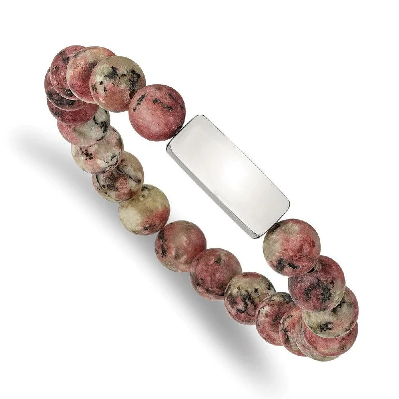 Stylish Gold Bracelet-Stainless Steel Polished ID Plate Rhodochrosite Bead Stretch Bracelet