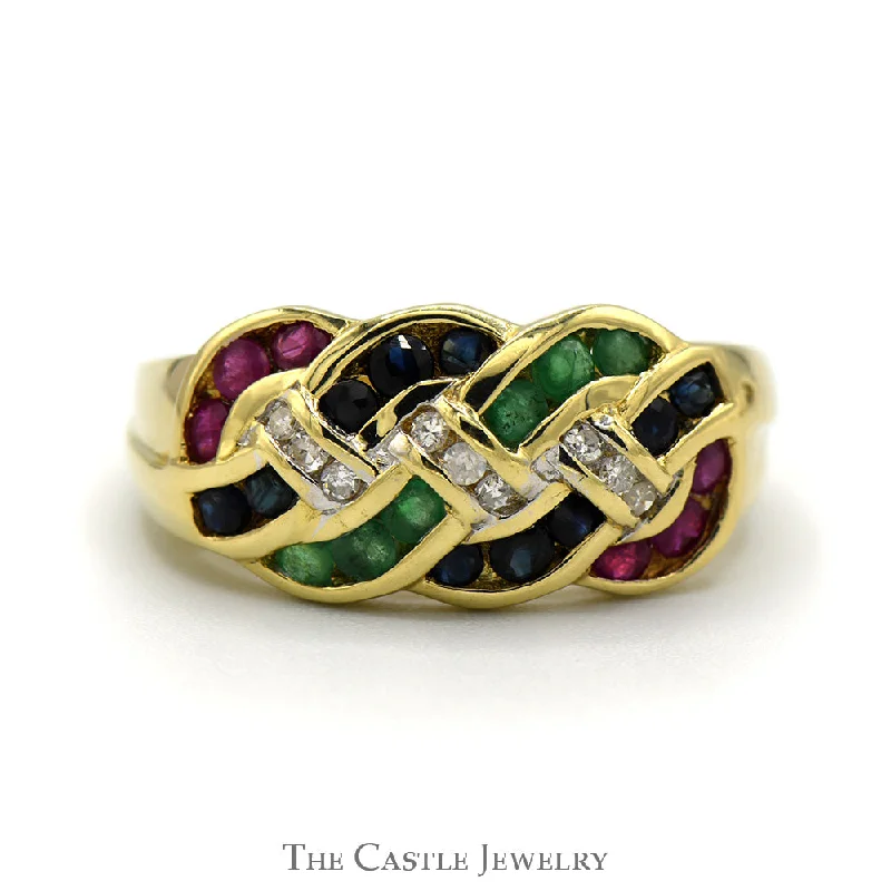 Customizable Wedding Band Set-Sapphire Ruby & Emerald Cluster Band with Diamond Accented Interweaving Design in 14k Yellow Gold