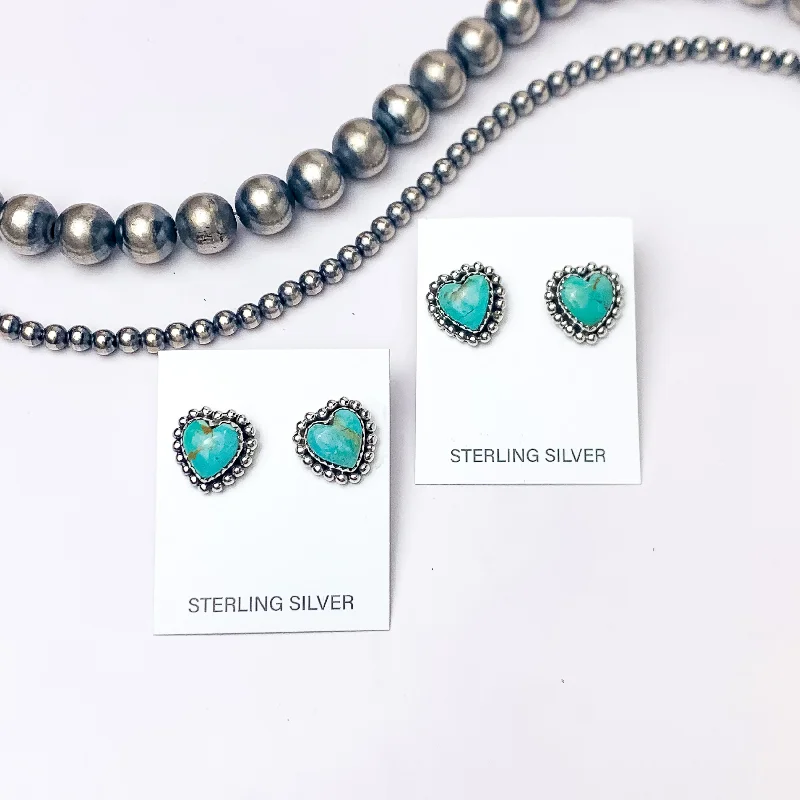 Swarovski Crystal Earrings-Hada Collection | Handmade Sterling Silver Heart Shaped Stud Earrings with Kingman Turquoise Remix Stones