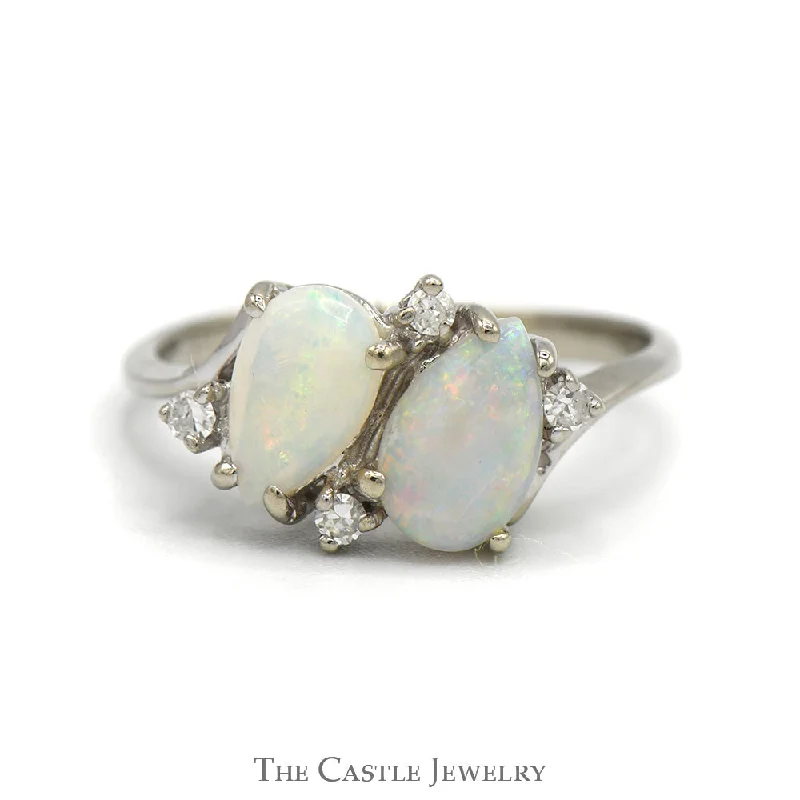 Antique Wedding Ring Set-Double Pear Cut Opal Ring with Diamond Accents in 14k White Gold