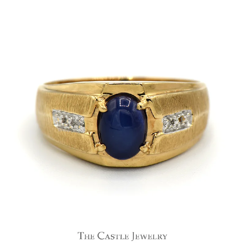 Gemstone Ring for Women-Men's Blue Lindy Star Ring with Illusion Set Diamond Accented Sides in 10k Yellow Gold