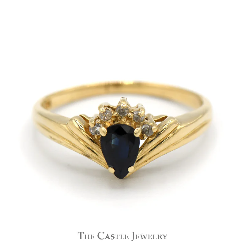 Unique Wedding Ring Set for Couples-Pear Shaped Sapphire Ring with Round Diamond Accents in 14k Yellow Gold