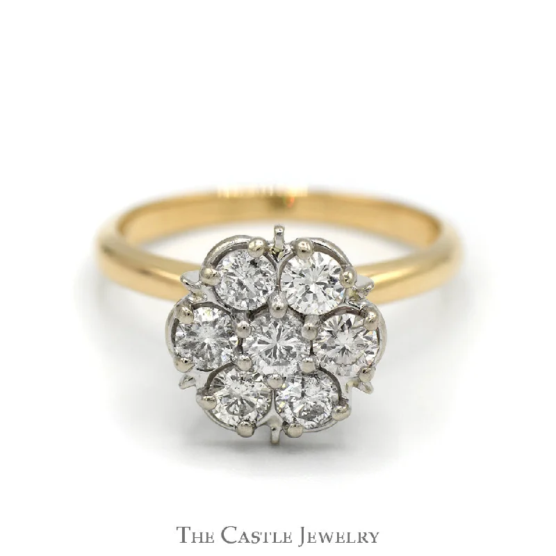 Birthstone Engagement Ring-1cttw 7 Round Brilliant Cut Diamond Flower Cluster Ring in 14k Yellow Gold