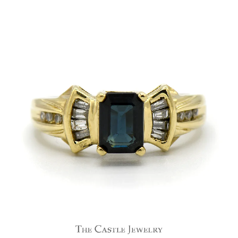 Classic Wedding Band Set-Emerald Cut Sapphire Ring with Channel Set Baguette & Round Diamond Accents in 14k Yellow Gold