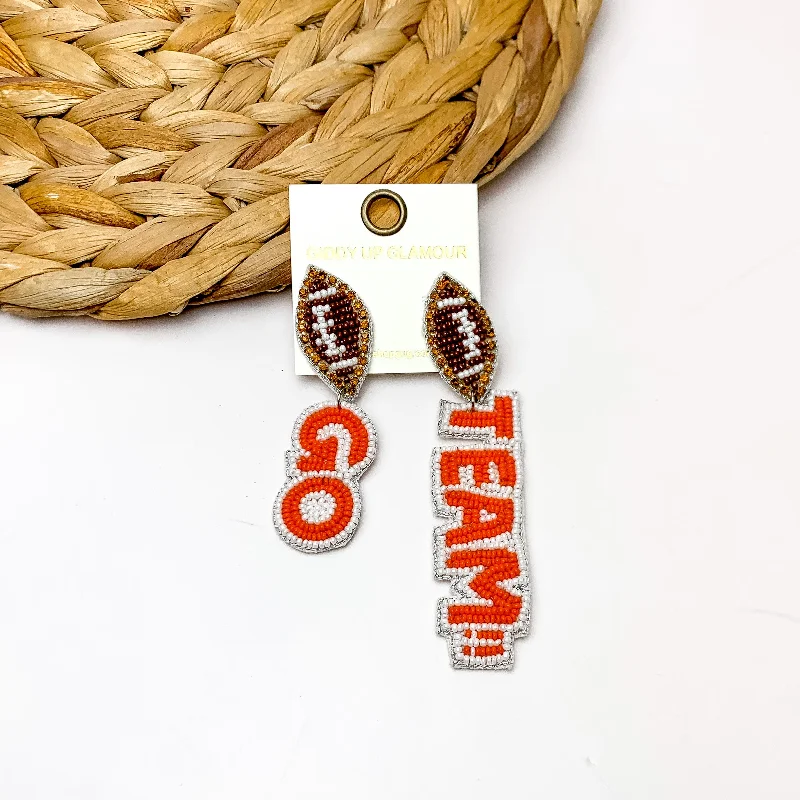 High-End Wedding Earrings-"Go Team!!" Beaded Earrings With Football Posts in Orange and White