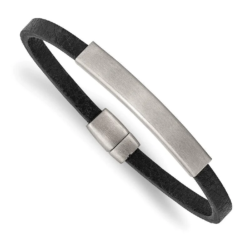 Luxury Gemstone Bracelet-Stainless Steel Brushed Textured Black PU Leather 8.25in ID Bracelet