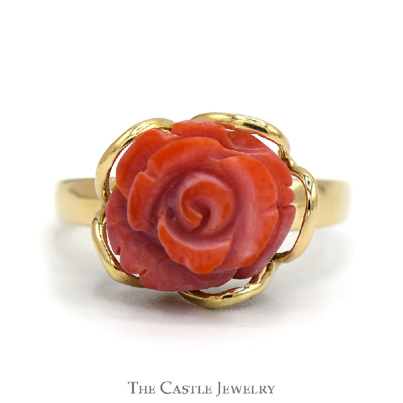 Vintage Engagement Ring Set-Carved Coral Rose Ring in 14k Yellow Gold