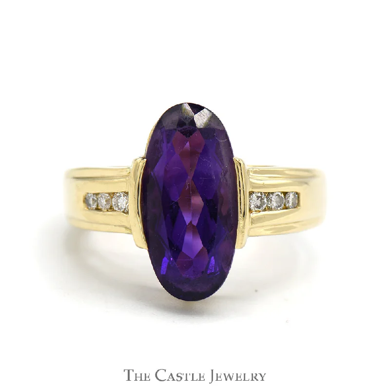 Diamond Engagement Ring-Elongated Oval Amethyst Ring with Channel Set Diamond Accents in 14k Yellow Gold