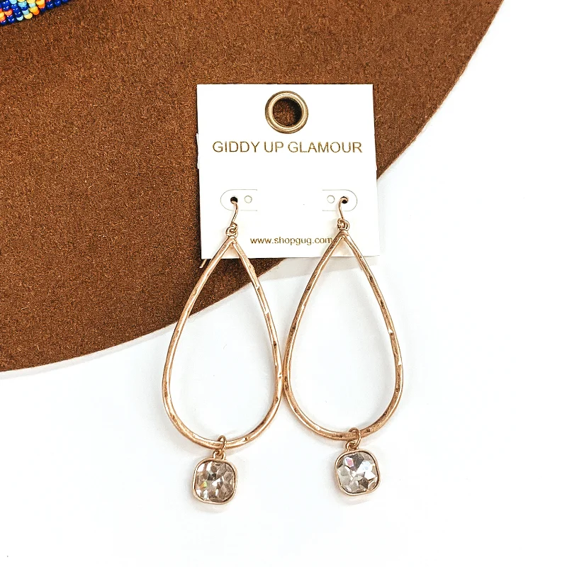 Chic Bridal Earrings-Large Hammered Teardrop Earrings with Clear Hanging Crystal in Gold