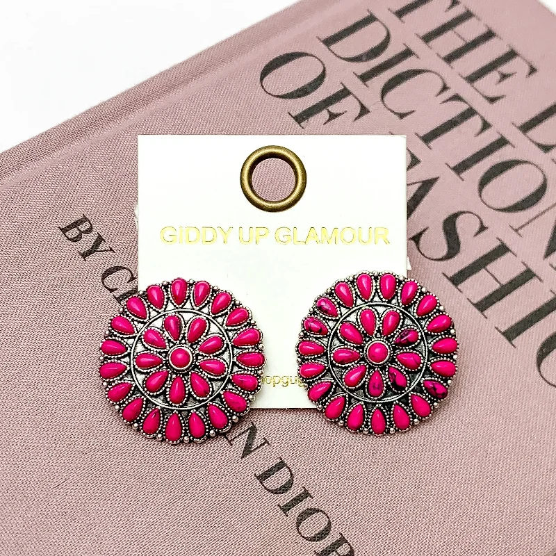 Artistic Earrings for Women-Silver Tone Circle Earrings with Fuchsia Pink Stones