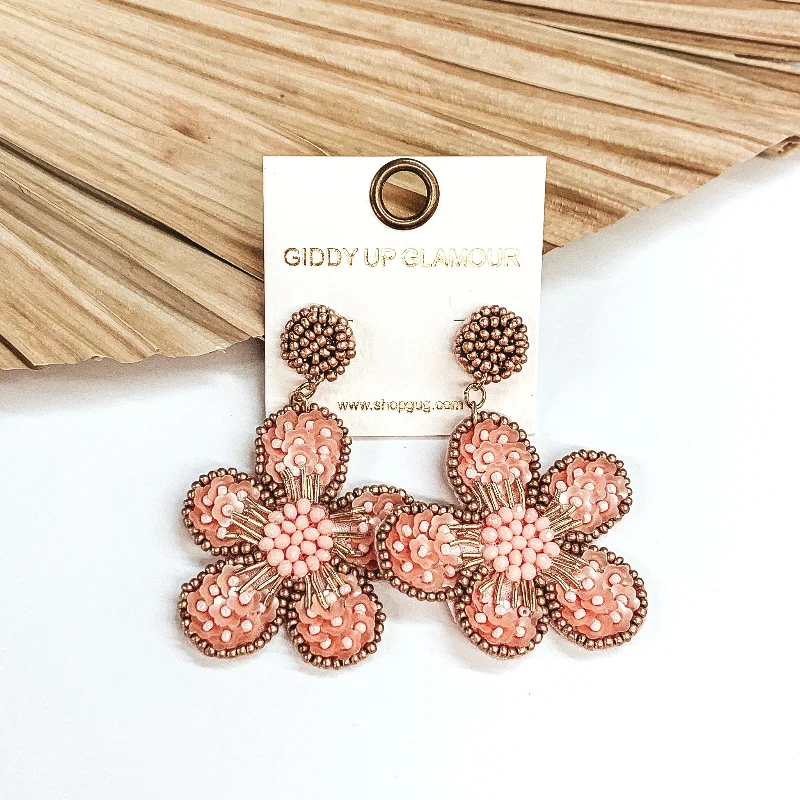 Handmade Silver Earrings-Beaded Flower Earrings in Baby Pink