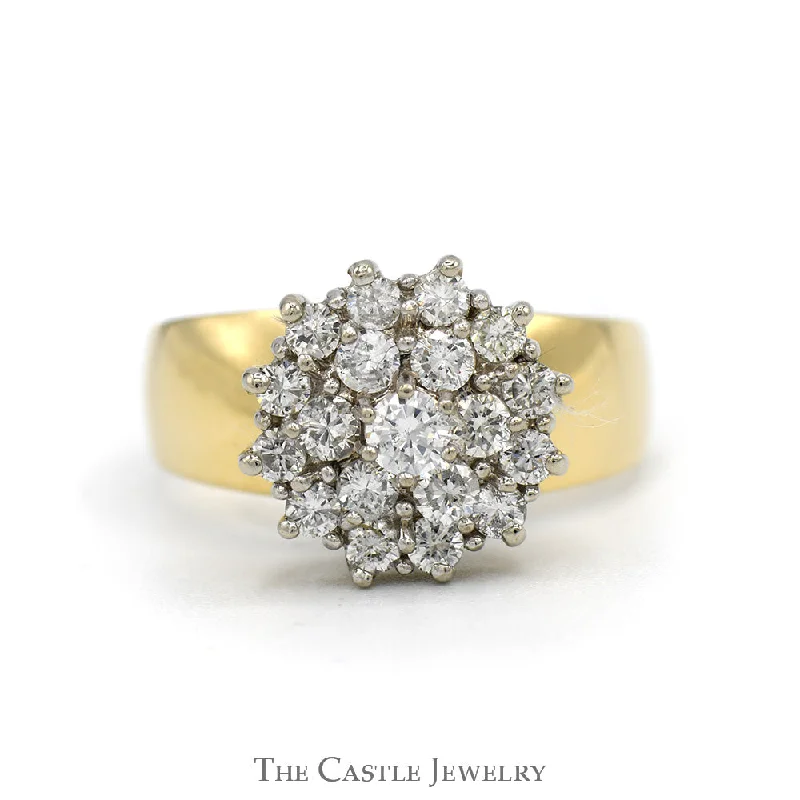 Custom Wedding Band with Diamonds-3/4cttw Starburst Diamond Cluster Ring with Wide Polished Sides in 14k Yellow Gold