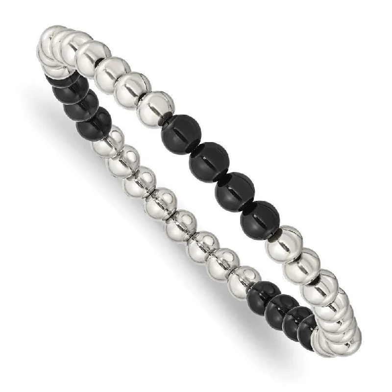 Sparkling Tennis Bracelet-Stainless Steel Polished Black Onyx Beaded Stretch Bracelet