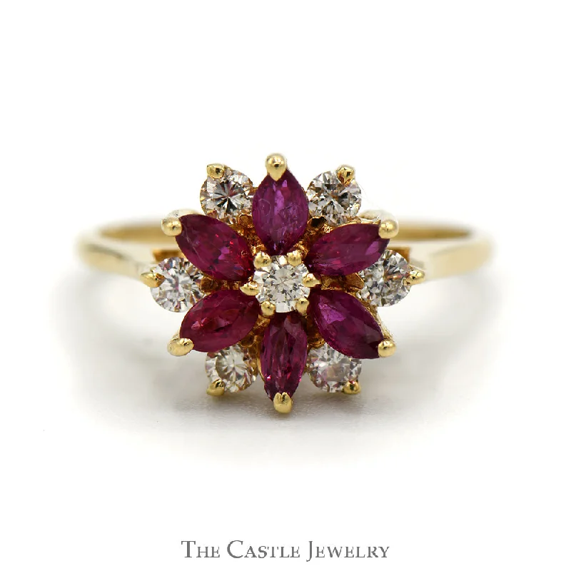 Luxury Engagement Ring Set-Ruby and Diamond Flower Design Ring with Marquise Cut Rubies and 1/4cttw Round Brilliant Cut Diamonds in 14 KT Yellow Gold