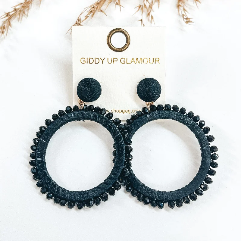 Unique Silver Earrings-Somewhere Sunny Post Back Circle Drop Earrings with Beads in Black