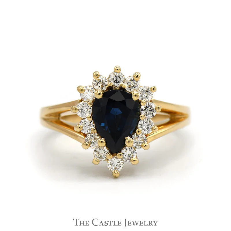 Unique Wedding Ring Set-Pear Cut Sapphire Ring with Diamond Halo in 14k Yellow Gold Split Shank Setting