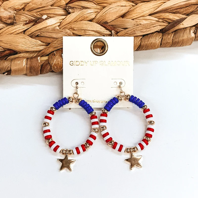 Elegant Wedding Earrings-Circle Drop Earrings with Red, White, Blue Beads and Gold Star Charm