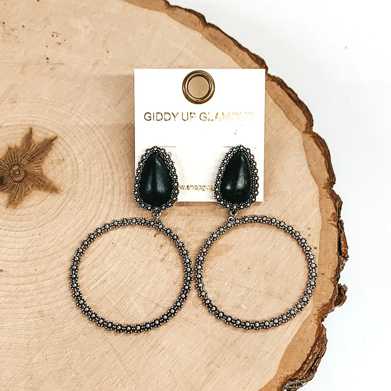 Lightweight Hoop Earrings-Black Stone Metal Post Earrings