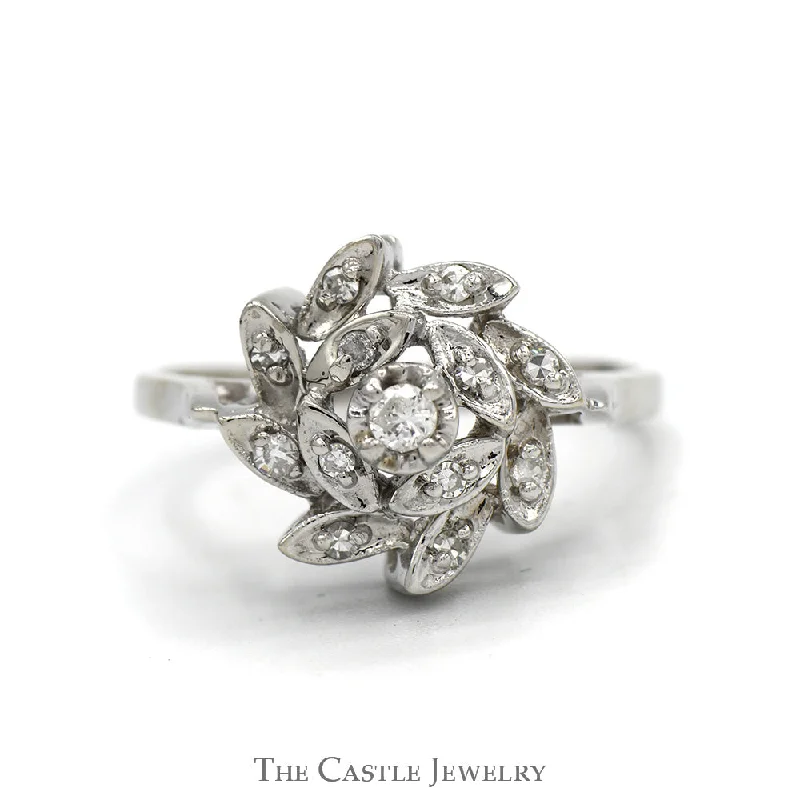 Modern Engagement Ring-Floral Starburst 1/4cttw Diamond Cluster Ring in 14k White Gold