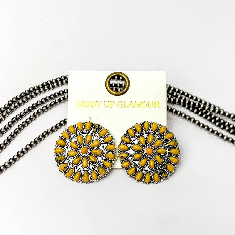 Silver Stud Earrings-Silver Tone Circle Cluster Stud Earrings with Yellow Stones