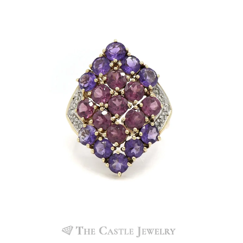 Beautiful Diamond Ring-Rhodolite Garnet and Amethyst Cluster Ring with Diamond Accents in 10k Yellow Gold