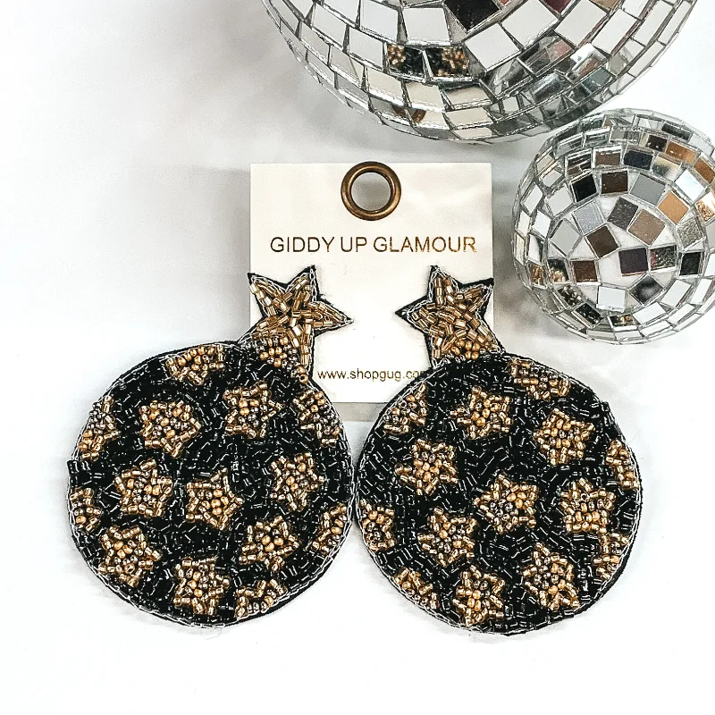 Birthstone Earrings for December-Circle Black Beaded Earrings with Gold Star