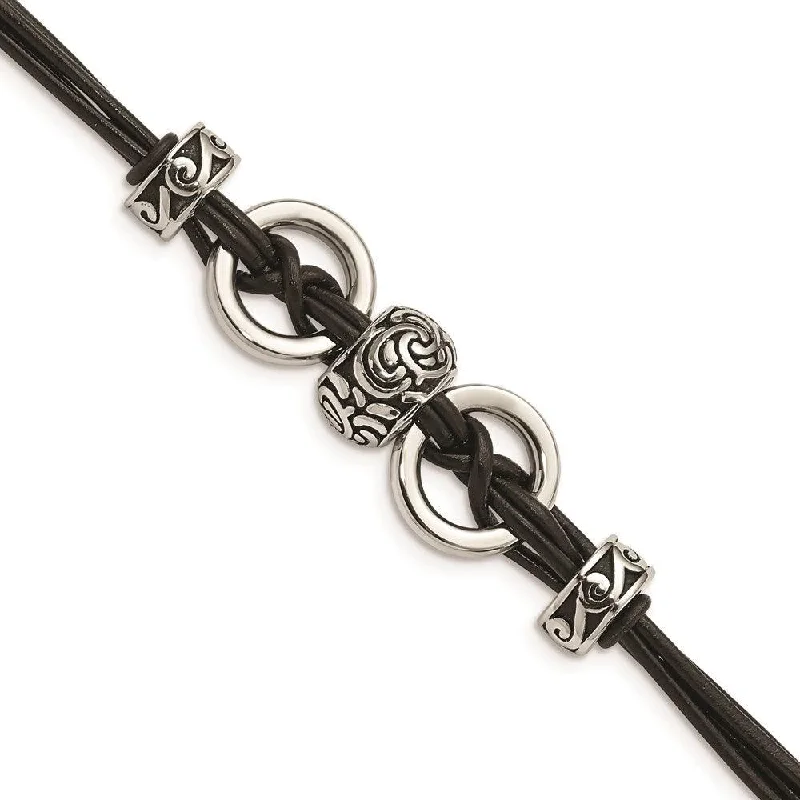 Simple Tennis Bracelet-Stainless Steel Black Leather w/Antiqued Beads 8.25in w/ext Bracelet