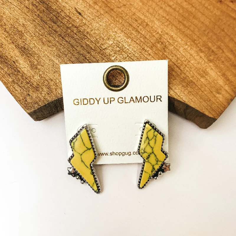 Modern Earrings for Teens-Driving Down Lightning Bolt Stone Post Earrings in Yellow with Silver Detailing