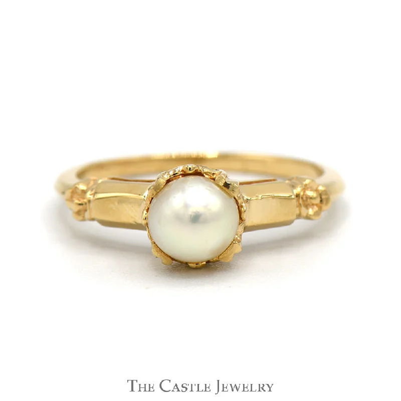 Birthstone Wedding Ring-Round Pearl Solitaire Ring in 14k Yellow Gold Vintage Style Mounting