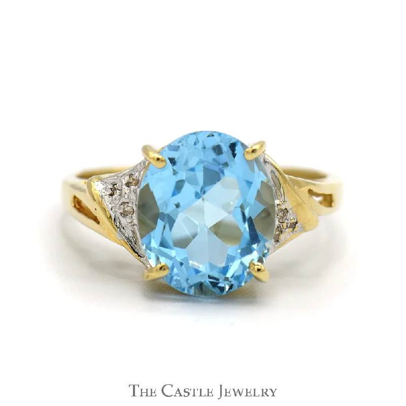 Gold Wedding Ring-Oval Blue Topaz Ring with Diamond Accented Sides in 10k Yellow Gold