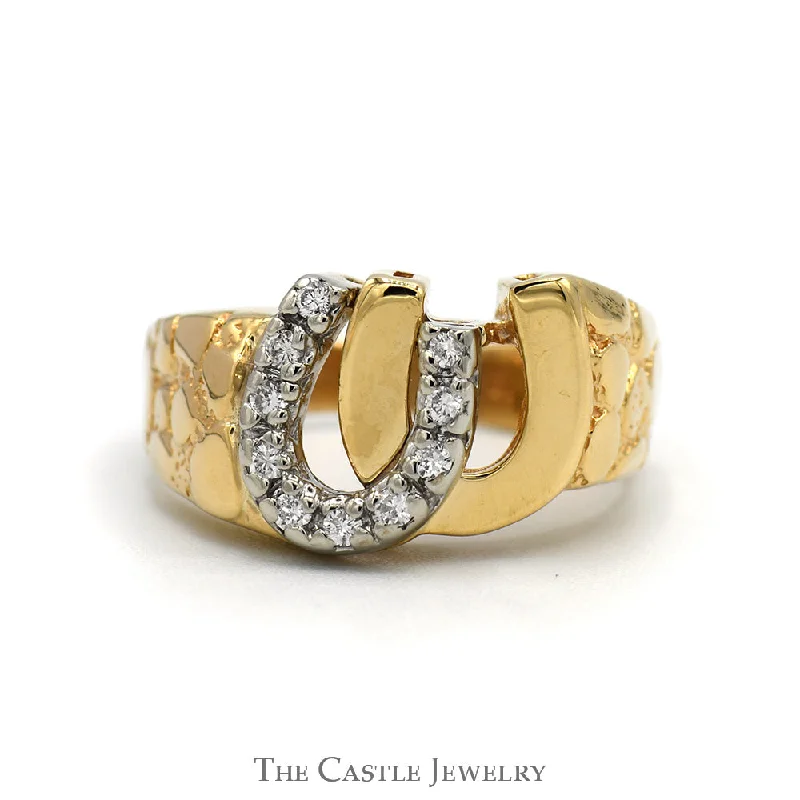 Custom Sapphire Wedding Ring-Double Horseshoe Ring with Diamond Accents and Nugget Designed Sides in 14k Yellow Gold