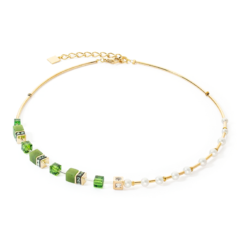 Double Chain Necklace-Necklace GeoCUBE® Fusion Precious Pearl Mix gold-green