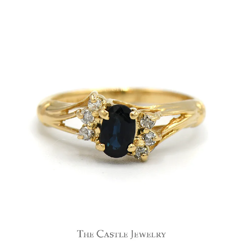 Gemstone Wedding Ring for Men-Oval Sapphire Ring with Diamond Accents in 14k Yellow Gold Open Split Shank Setting