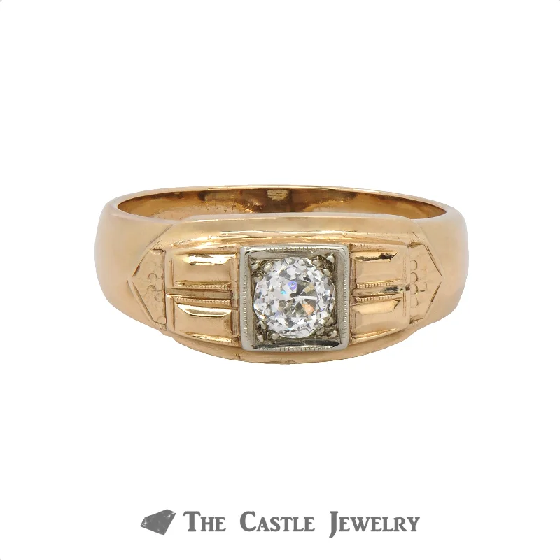 Women's Diamond Wedding Ring-.40 Carat Old European Cut Diamond Gent's Vintage Ring In 14K Yellow Gold