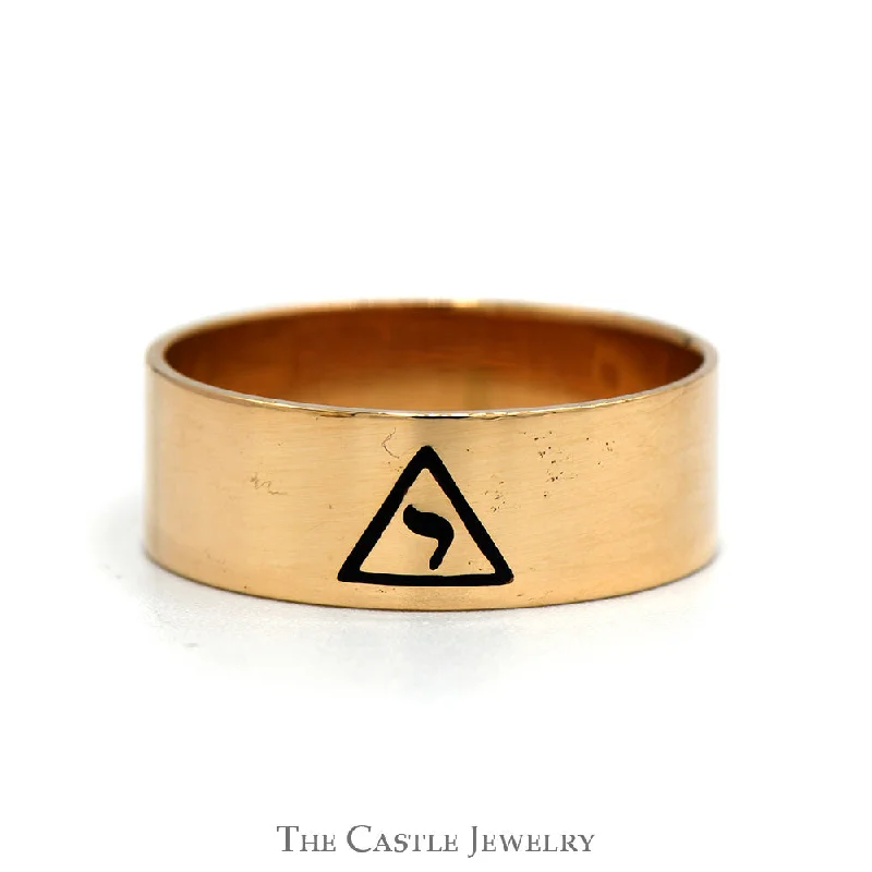 Classic Wedding Band with Diamonds-8mm Wide Band with Black Enamel Yod Masonic Symbol in 10k Yellow Gold