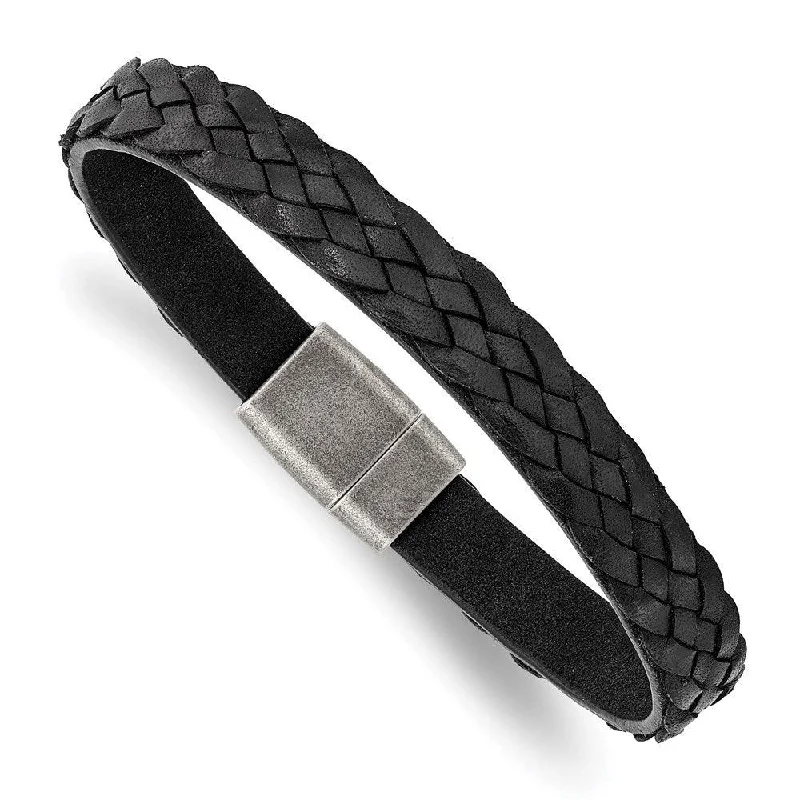 Diamond Bracelet for Women-Stainless Steel Antiqued Black Braided Leather 8.25in Bracelet