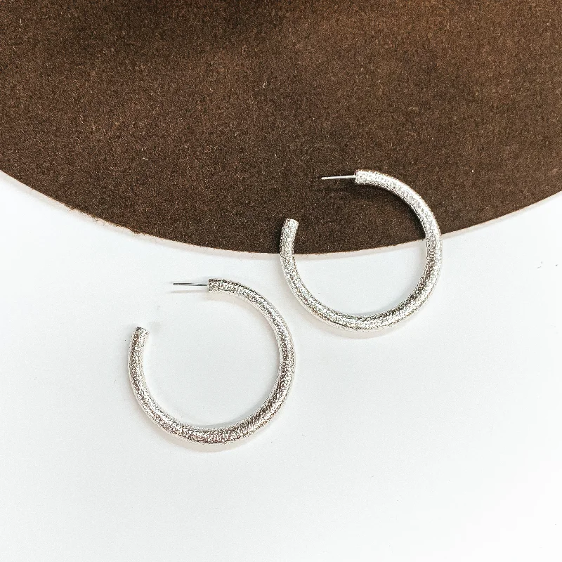 Vintage Earrings for Women-Textured Large Sized Hoop Earrings in Silver