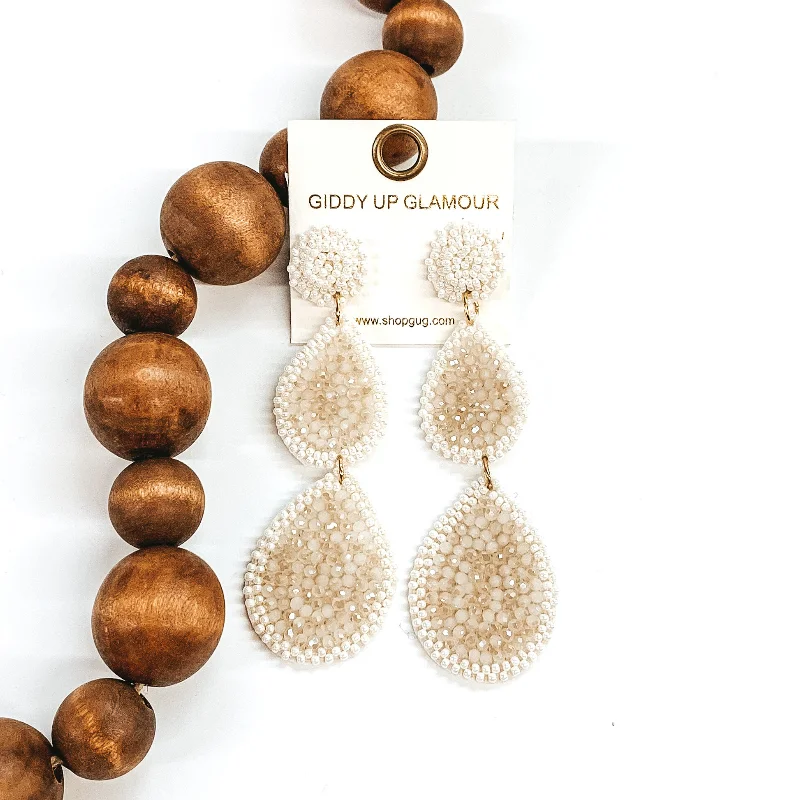 Moon Shaped Earrings-Glass Seed Beaded Drop Earrings in Ivory