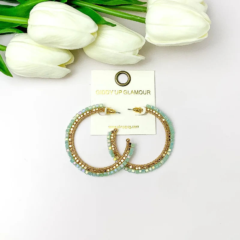 Wedding Earrings with Gemstones-Gold Tone Beaded Hoop Earrings with a Mint Crystal Outline