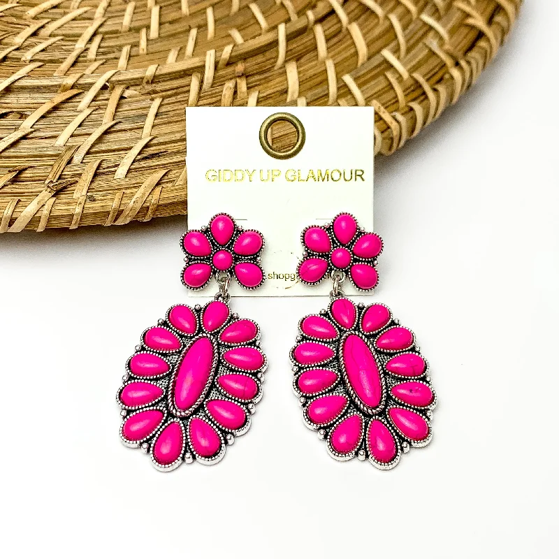 Custom Earrings for Bridesmaids-Hot Pink Stone Oval Flower Earrings